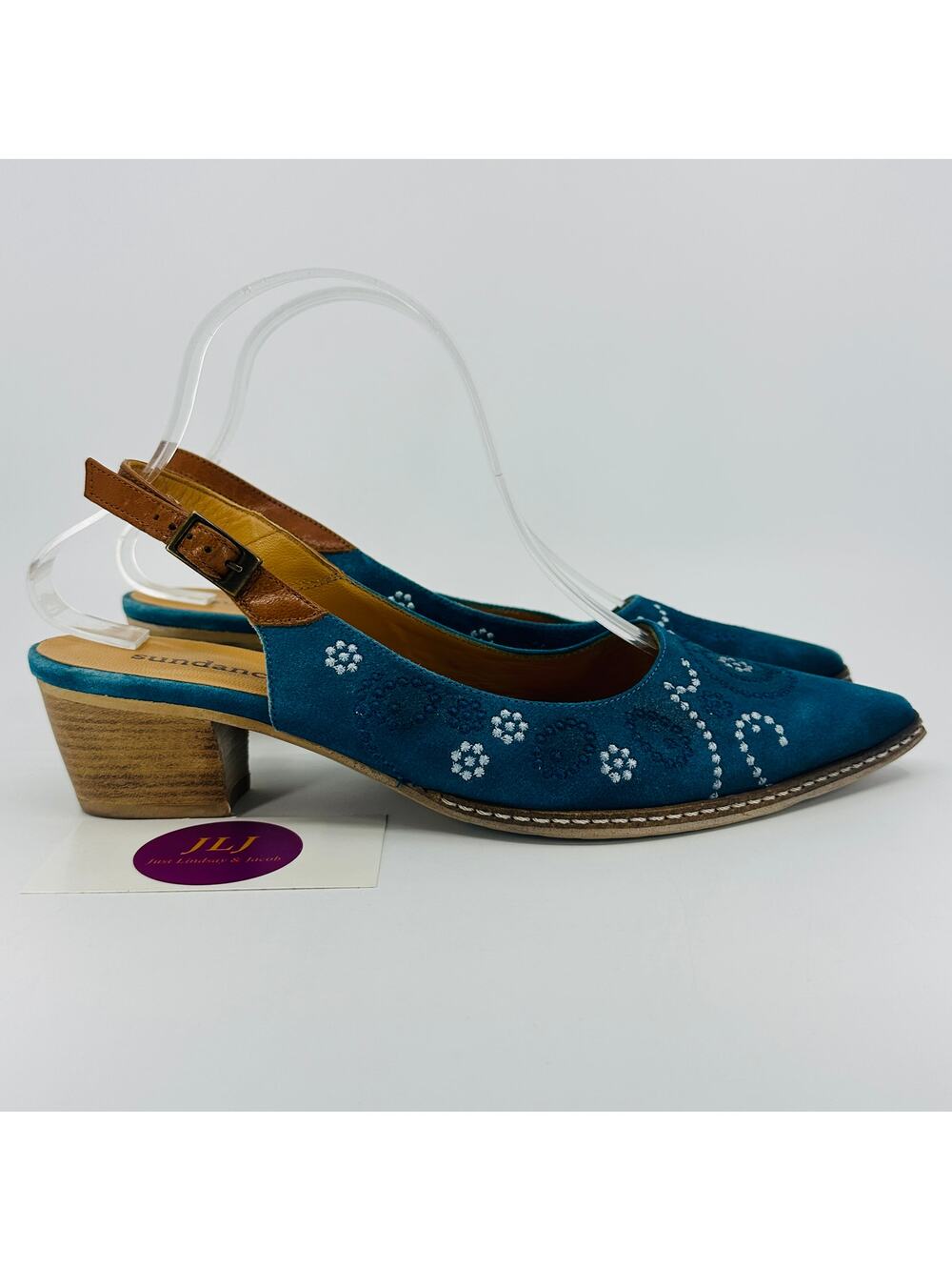 Sundance Women's Minette Blue Floral Embroidered Leather Slingback Heels Size 39
